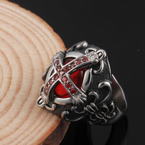 Men's Stainless Steel Vintage Cross Fleur De Lis Red Cz Stone - Knight Rings in Various Sizes