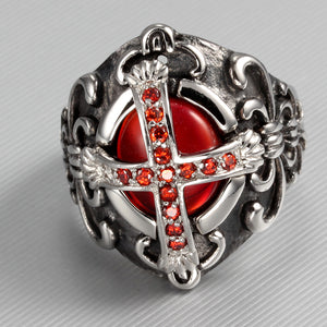 Men's Stainless Steel Vintage Cross Fleur De Lis Red Cz Stone - Knight Rings in Various Sizes